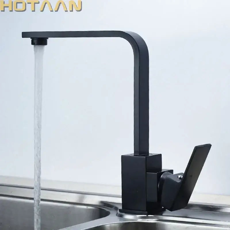 Modern chrome brass square swivel kitchen faucet mixer with black matte finish and sleek single lever handle design
