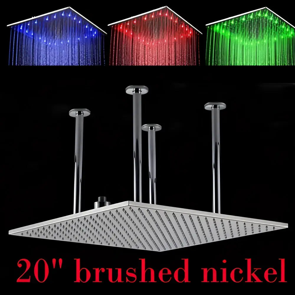 Modern chrome and brushed nickel 20-inch rainfall shower head with led lighting in blue red and green for bathroom use