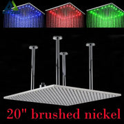 20-inch brushed nickel square rainfall shower head with modern chrome finish and led lighting in blue red and green colors