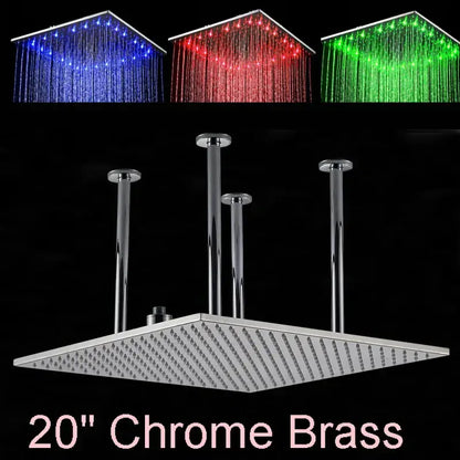 Modern chrome and brushed nickel rainfall shower head 20-inch chrome brass with led lighting in blue red and green colors