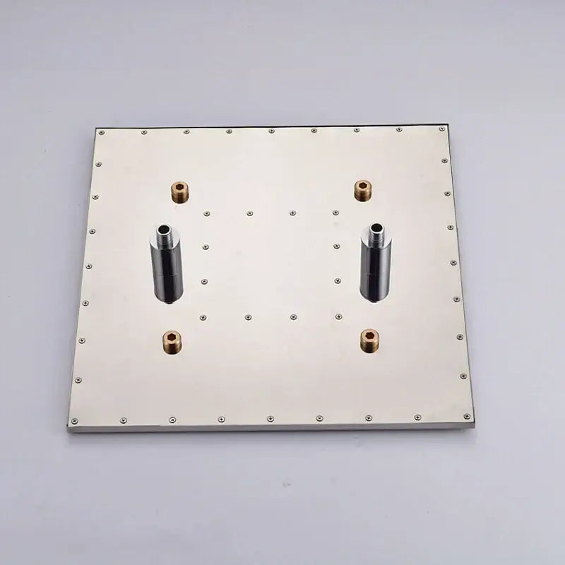 Square stainless steel rainfall showerhead plate with four cylindrical fixtures and brass fittings for bathroom use