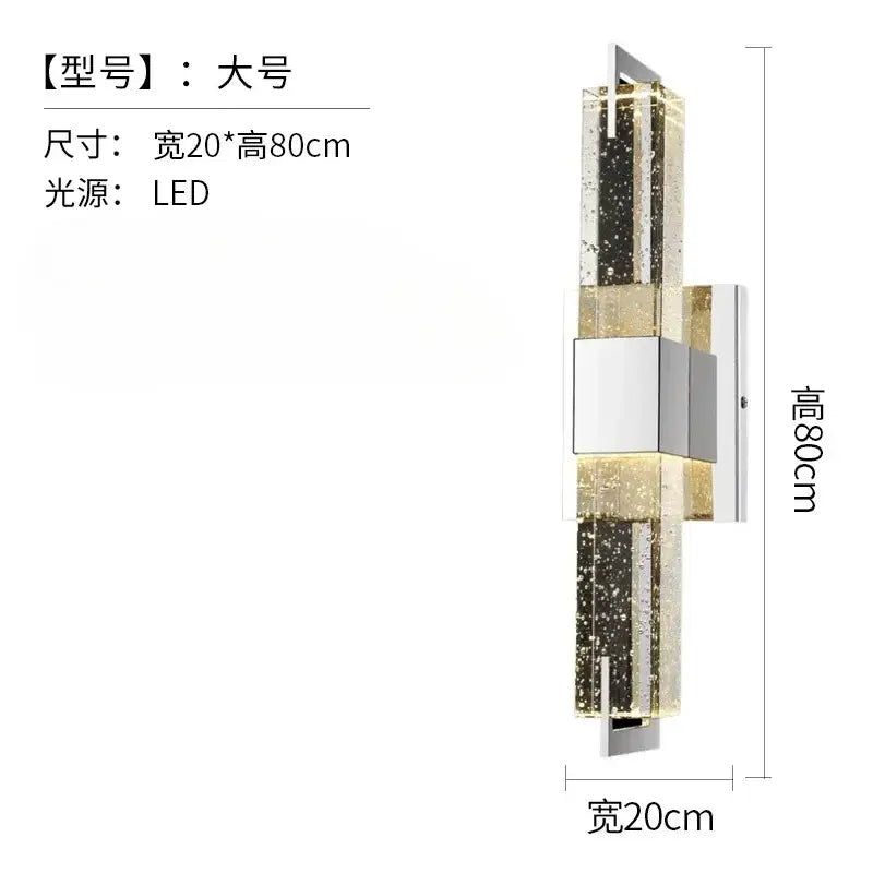 Modern chrome bubble crystal led wall lamp with vertical clear acrylic panels filled with golden glitter and black speckles