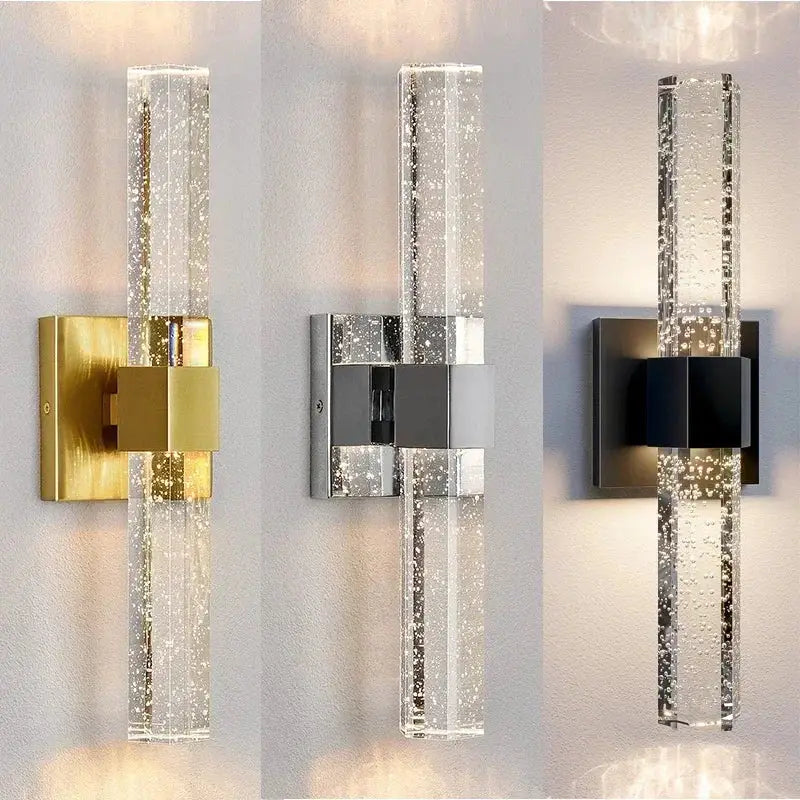 Modern wall lamp with clear bubble crystal led cylindrical glass and metallic rectangular base in chrome for bathroom decorbites bubble crystal