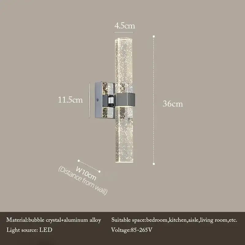 Modern chrome bubble crystal led wall lamp featuring a sparkling bubble crystal cylinder and aluminum alloy bracket