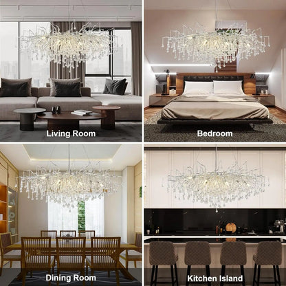 Modern Chrome Chandelier with Crystal Raindrops - Chandelier