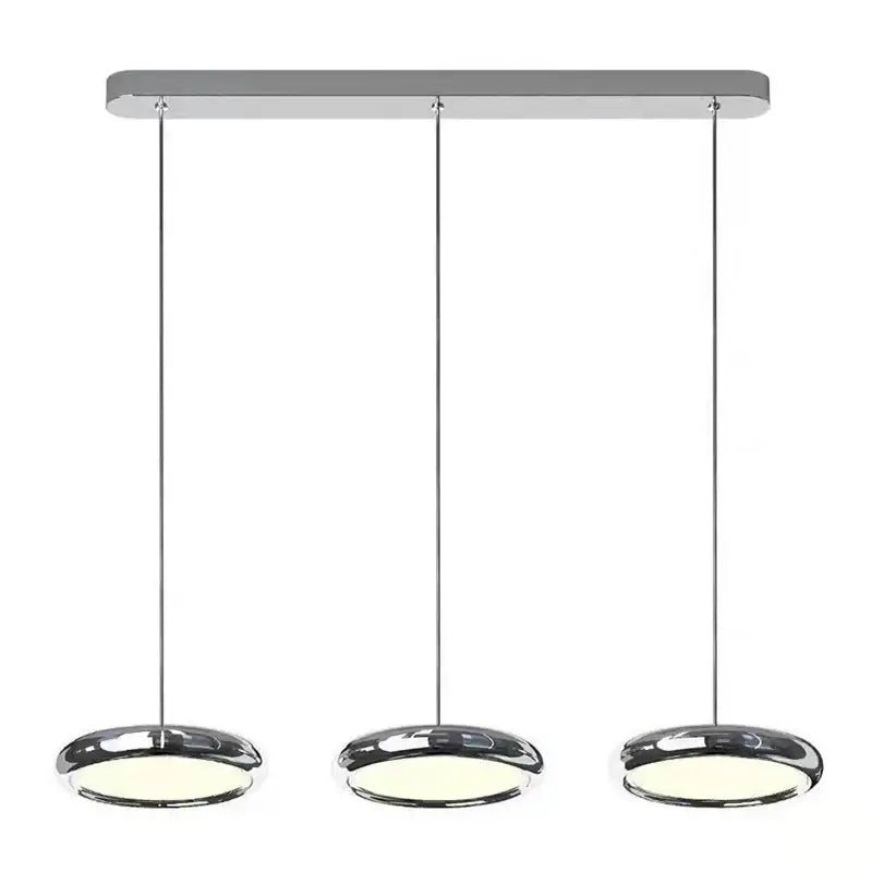 Modern chrome circular dining pendant led light fixture with three illuminated bulbs for kitchen decorbites circular dining