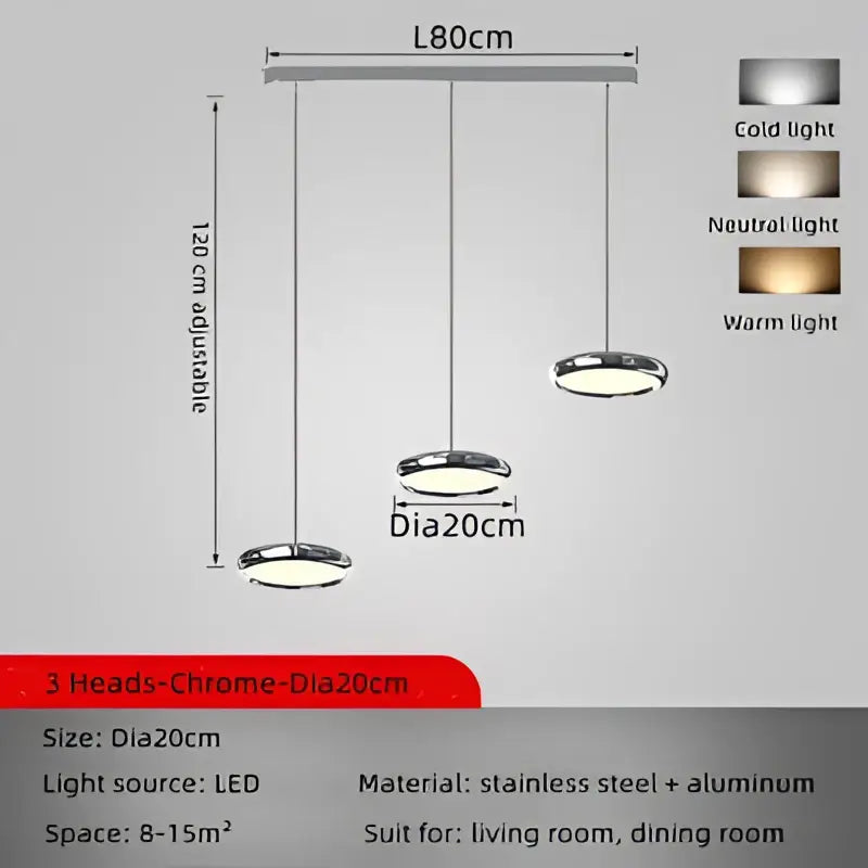 Modern chrome circular dining pendant led light with three heads adjustable height led light by decorbites circular dining