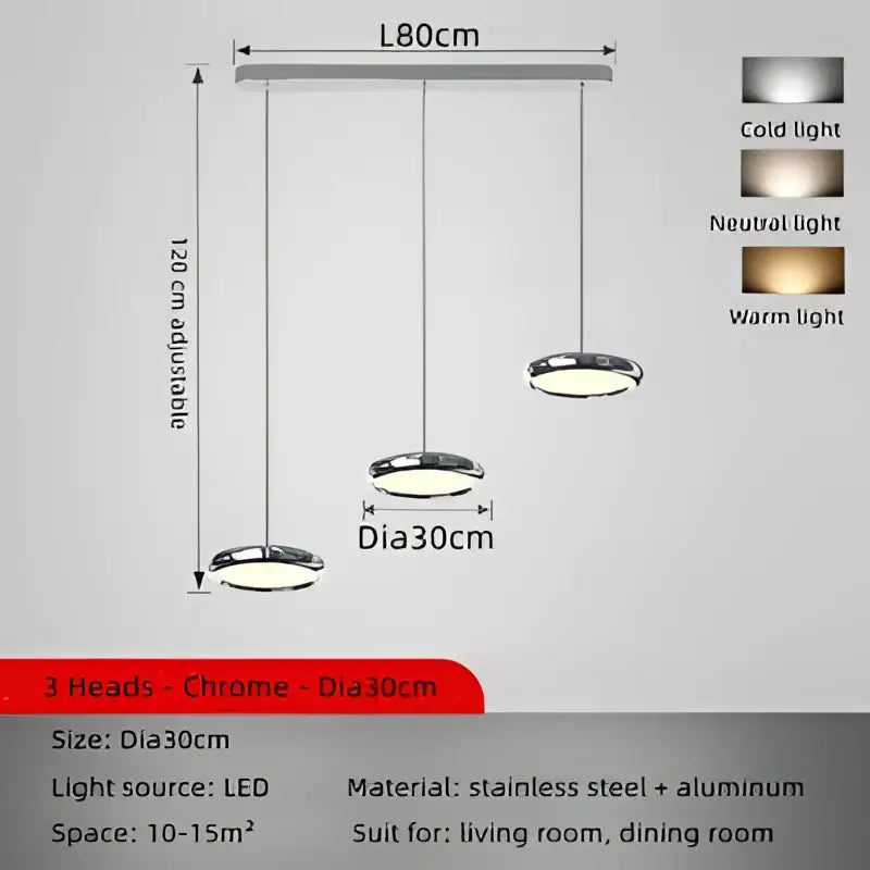 Modern chrome circular dining pendant led light with three 30cm diameter heads for kitchen decorbites circular dining
