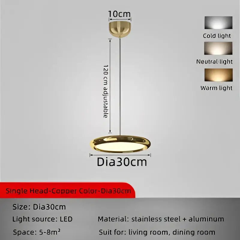 Modern chrome circular dining pendant led light with gold single-head, adjustable 120 cm stem, 30 cm shade diameter