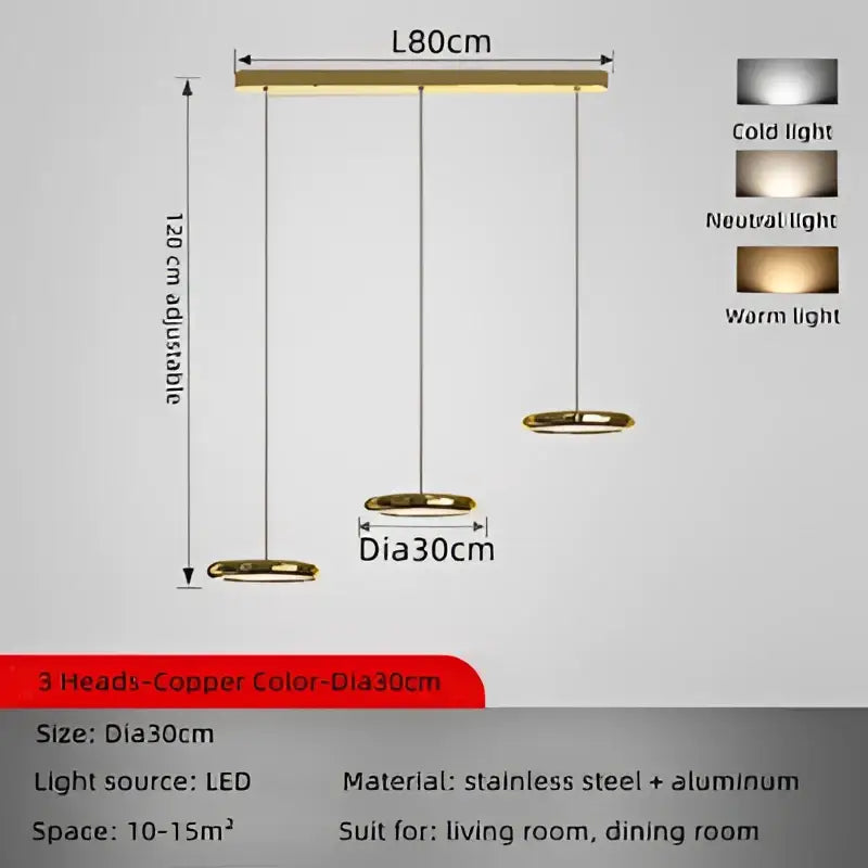Modern chrome circular dining pendant led light with gold three-head design and copper shades for decorbites circular dining
