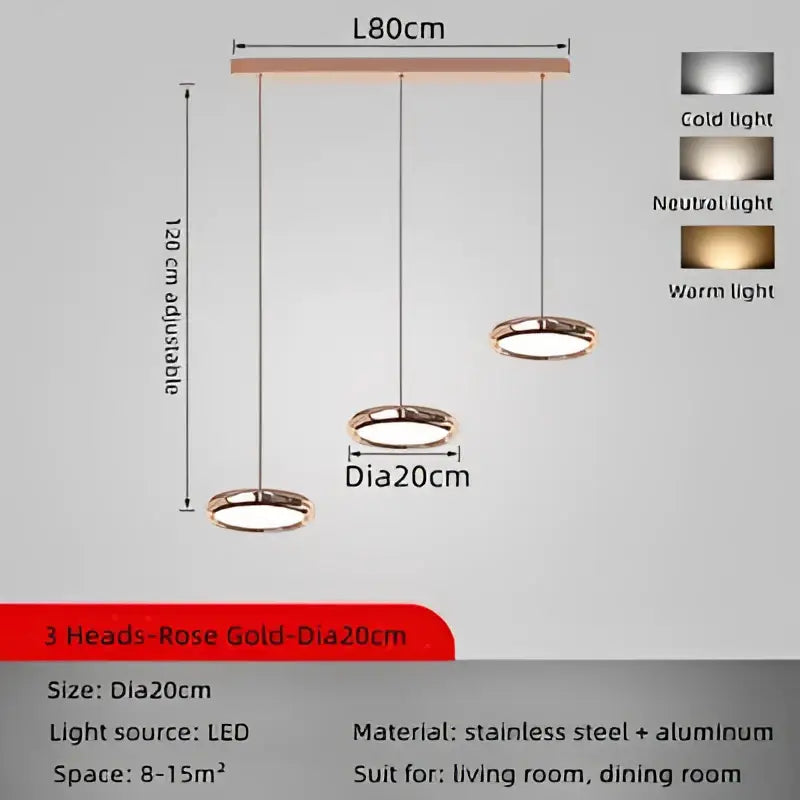 Rose gold three-head led light with circular stainless steel and aluminum shades modern chrome circular dining pendant