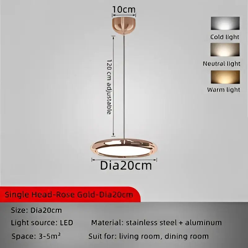 Rose gold led light single-head circular dining pendant with stainless steel and aluminum shade adjustable to 120cm length