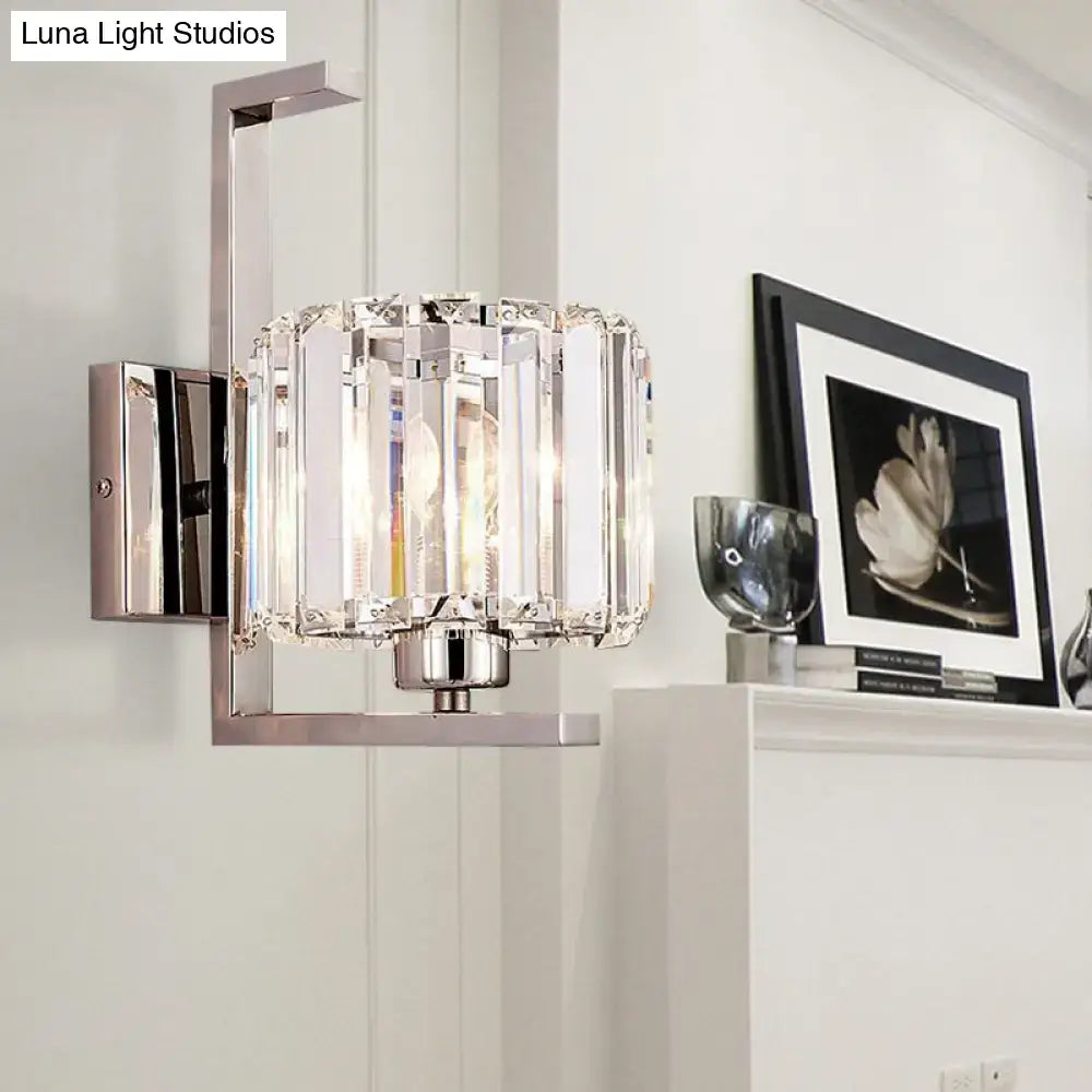 Modern chrome wall lamp featuring clear crystal drum prisms designed for bedroom sconce use 220v-240v 110v-120v
