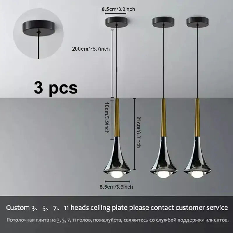 Modern chrome conical led rain pendant lamp with sleek black and gold trumpet-shaped chrome finish by decorbites lodes rain
