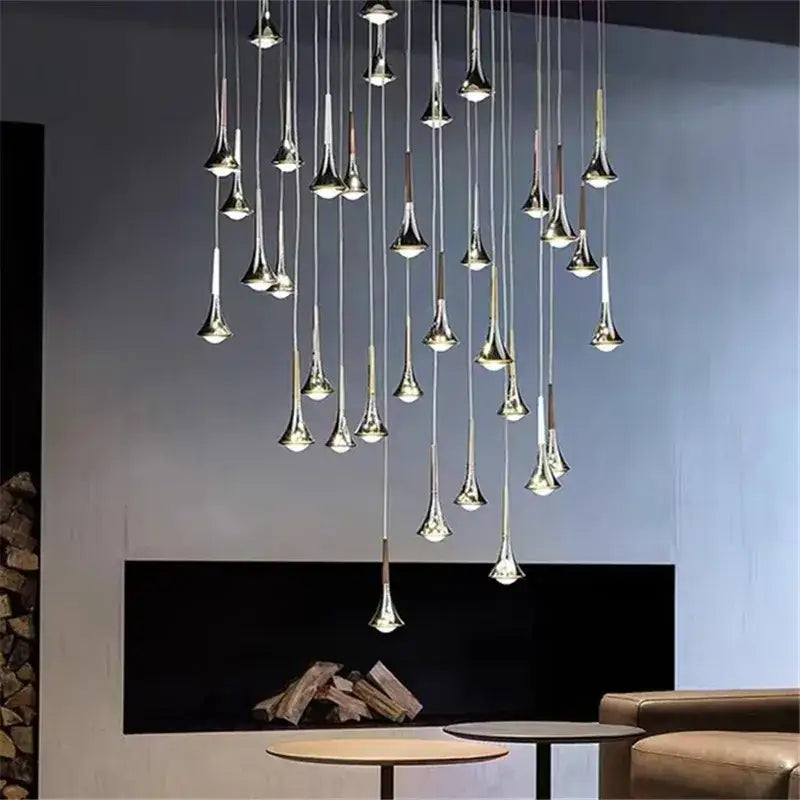 Modern chrome conical led rain pendant lamp with trumpet-shaped fixtures for bedroom lighting by decorbites lodes rain