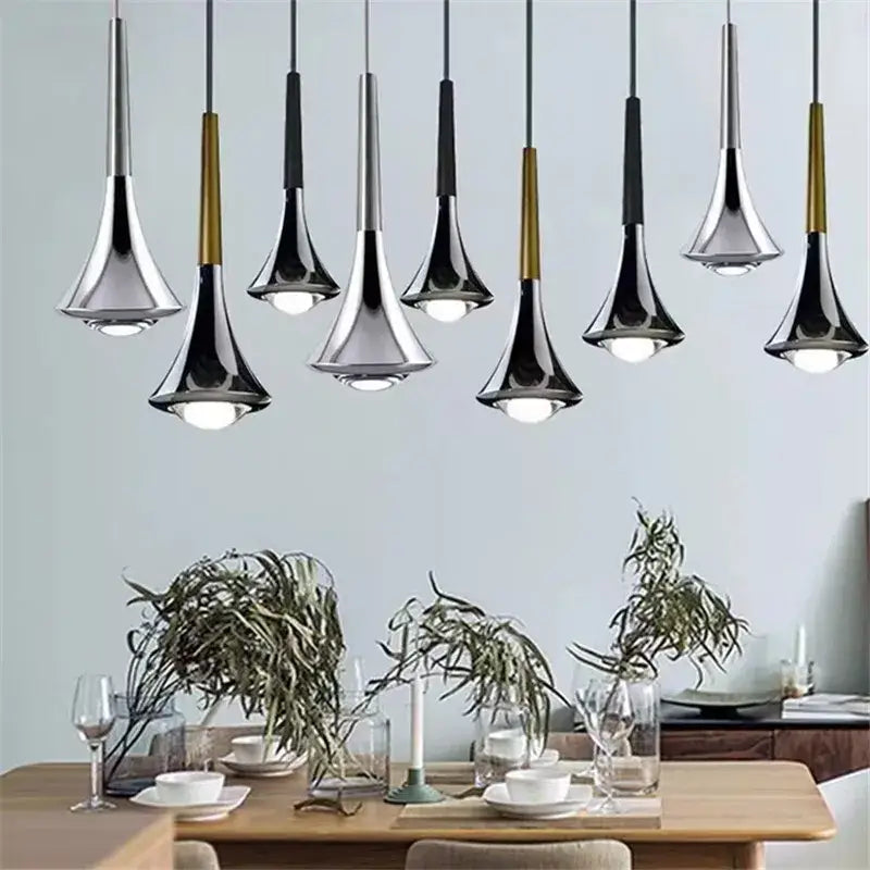 Modern chrome conical led rain pendant lamp with sleek trumpet-shaped metal shades in chrome, black, and gold decorbites lodes rain