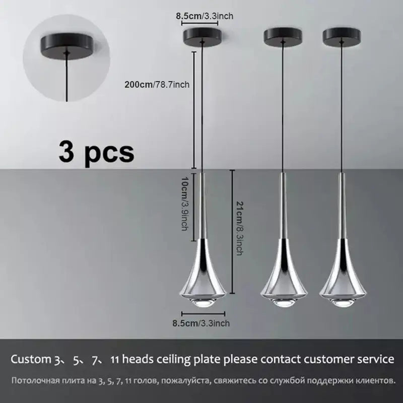 Set of three modern chrome conical lodes rain pendant lamps with teardrop glass shades for bedroom decorbites lighting