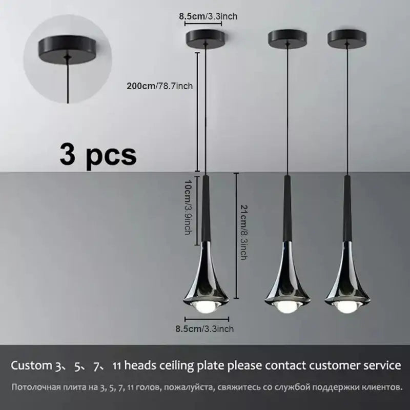 Set of three modern black and chrome lodes rain pendant lamps with sleek trumpet-shaped shades for bedroom decorbites lighting