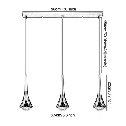 Modern chrome conical led rain pendant lamp with sleek tapered glass shades and adjustable metal arms for bedroom decorbites lodes rain