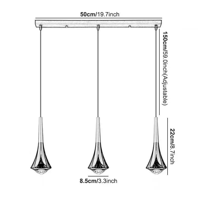 Modern chrome conical led rain pendant lamp with sleek tapered glass shades and adjustable metal arms for bedroom decorbites lodes rain