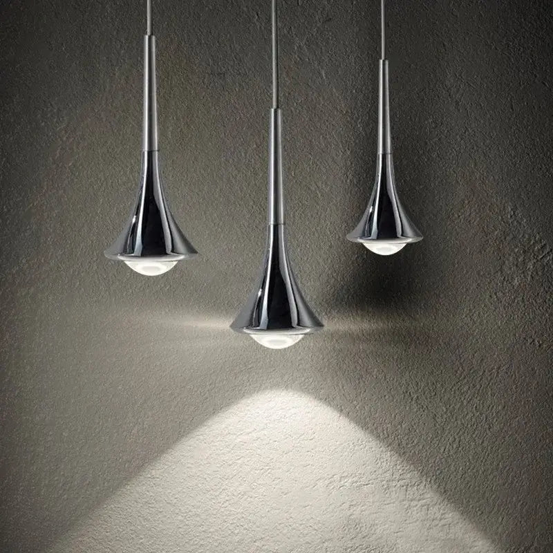 Three sleek chrome conical lodes rain pendant lamps with integrated led bulbs for modern bedroom decorbites lighting