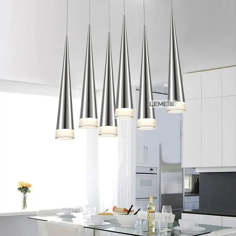 Five chrome stainless steel conical pendant lights with frosted glass bases for living room decorbites pendant light