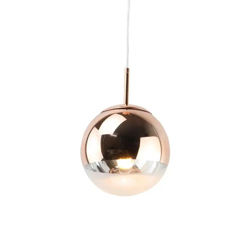 Modern chrome and copper glass ball led pendant light with reflective rose gold finish and frosted glass lower half