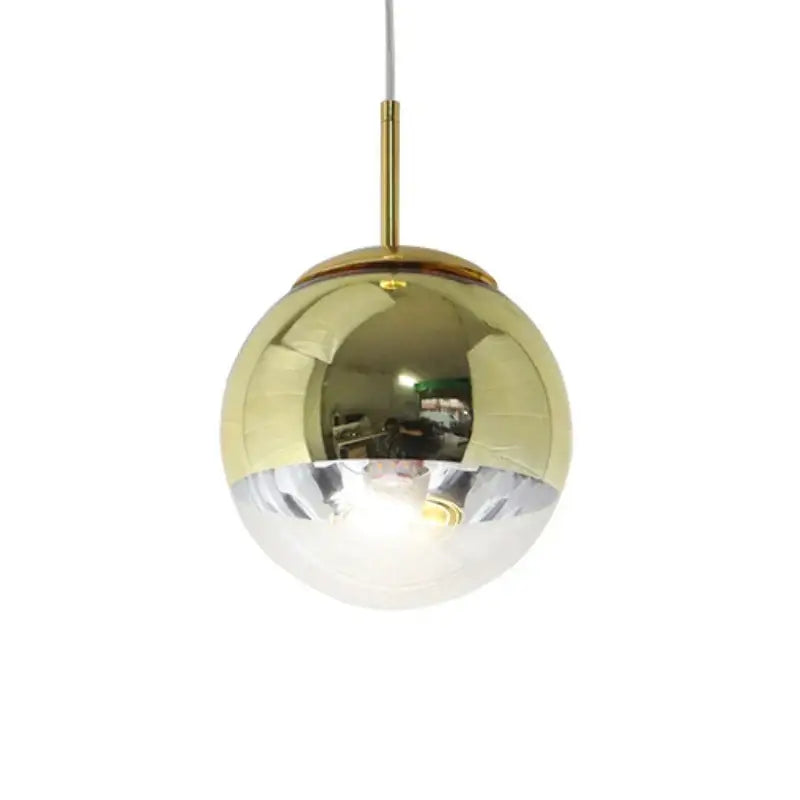 Modern chrome and copper glass ball led pendant light with polished gold and mirrored silver spherical design for dining room