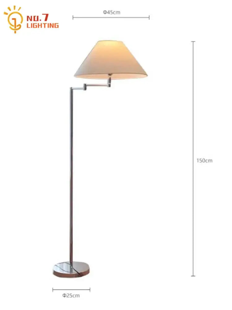 A modern chrome cream rocker arm floor lamp with polished chrome finish and beige fabric shade for living room