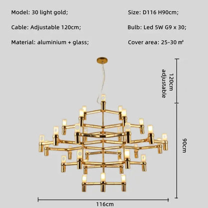 Modern chrome crown major chandelier 30-light gold aluminum and glass multi-tiered kitchen light decorbites crown major