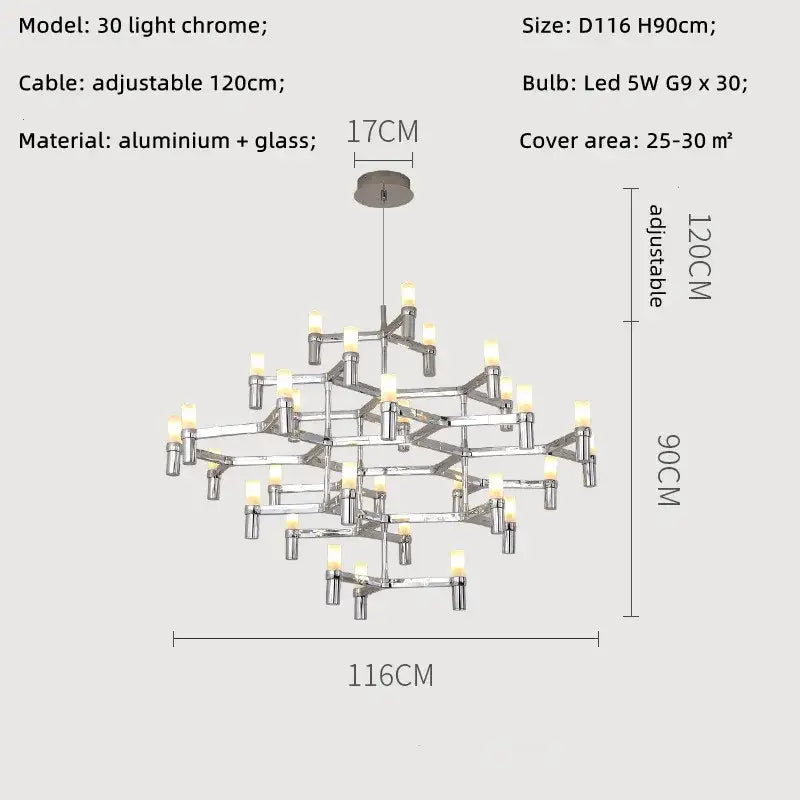 Modern chrome crown major chandelier with 30 led lights in a geometric multi tiered design for kitchen decorbites crown major