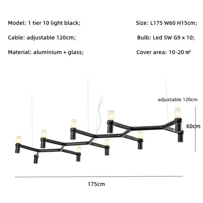 Modern chrome crown major chandelier black aluminum and glass with ten led lights in a branching design by decorbites crown major