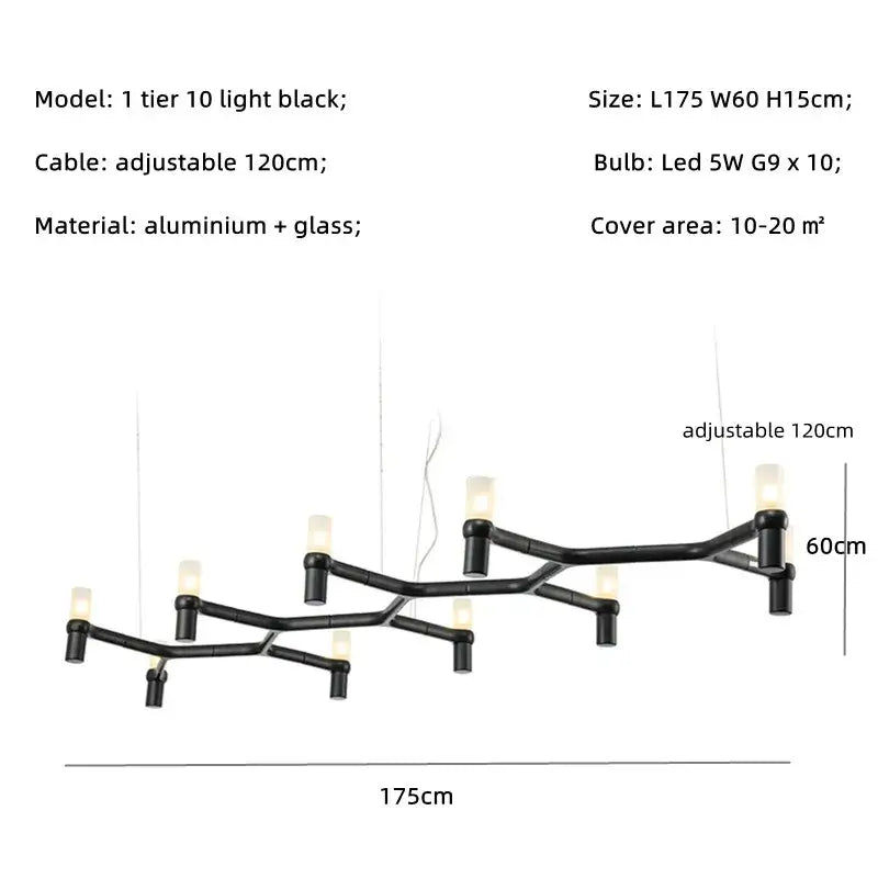 Modern chrome crown major chandelier black aluminum and glass with ten led lights in a branching design by decorbites crown major