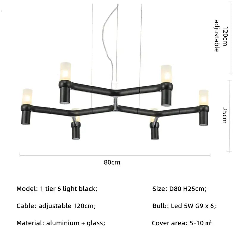 Modern chrome crown major chandelier featuring a black two-tier aluminum and glass design with six warm led bulbs decorbites crown major