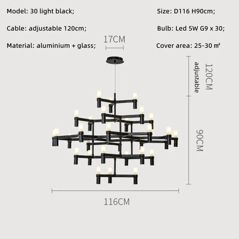Black decorbites crown major chandelier with geometric aluminum and glass design and 30 leds for modern kitchen decor