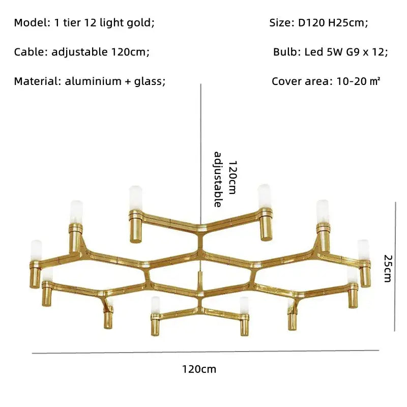 Modern chrome crown major chandelier with gold-toned geometric honeycomb design made of aluminum and glass decorbites crown major