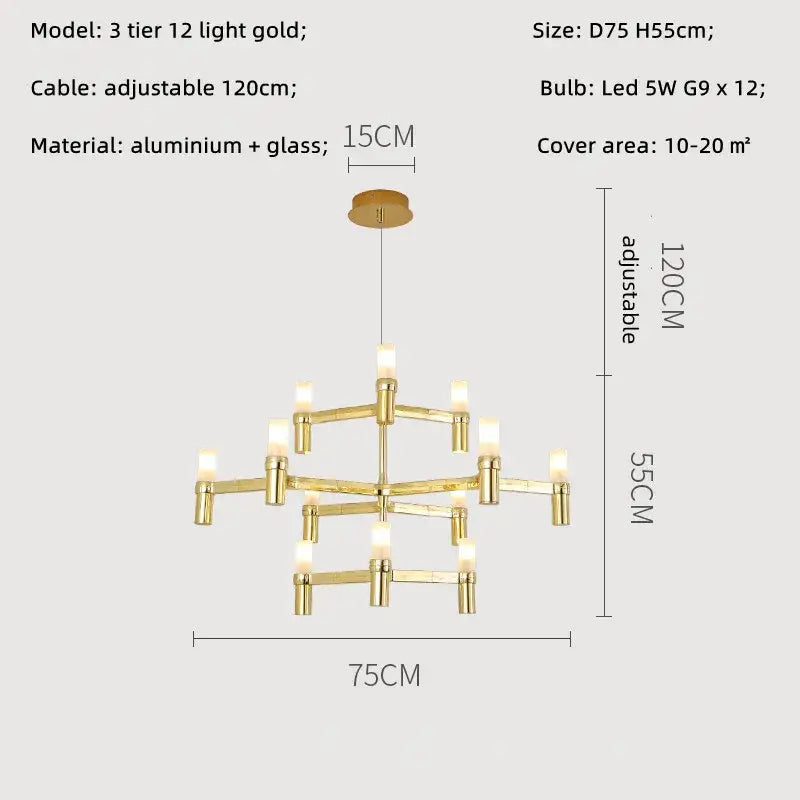 Gold-toned three-tier crown major chandelier by decorbites with modern geometric aluminum and glass design for kitchen decor