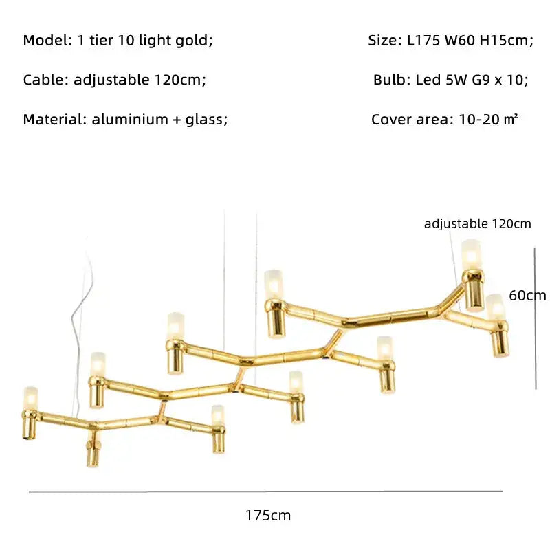 Modern chrome crown major chandelier with gold-colored bamboo-inspired design made of aluminum and glass by decorbites crown major