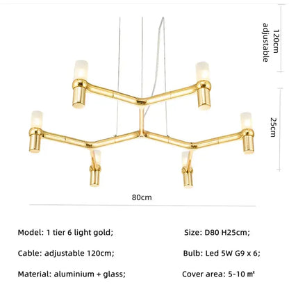 Modern chrome crown major chandelier with gold aluminum frame and six frosted glass lights by decorbites crown major