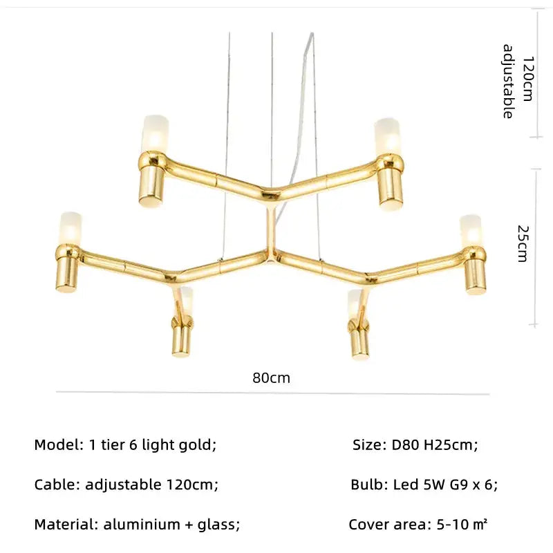 Modern chrome crown major chandelier with gold aluminum frame and six frosted glass lights by decorbites crown major