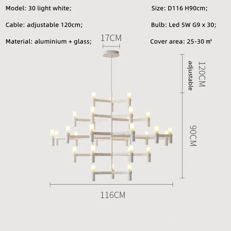 Modern chrome decorbites crown major chandelier with white geometric multi-tiered aluminum and glass design