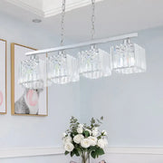 Modern chrome hanging lamp kit with four clear crystal block prisms for elegant indoor lighting