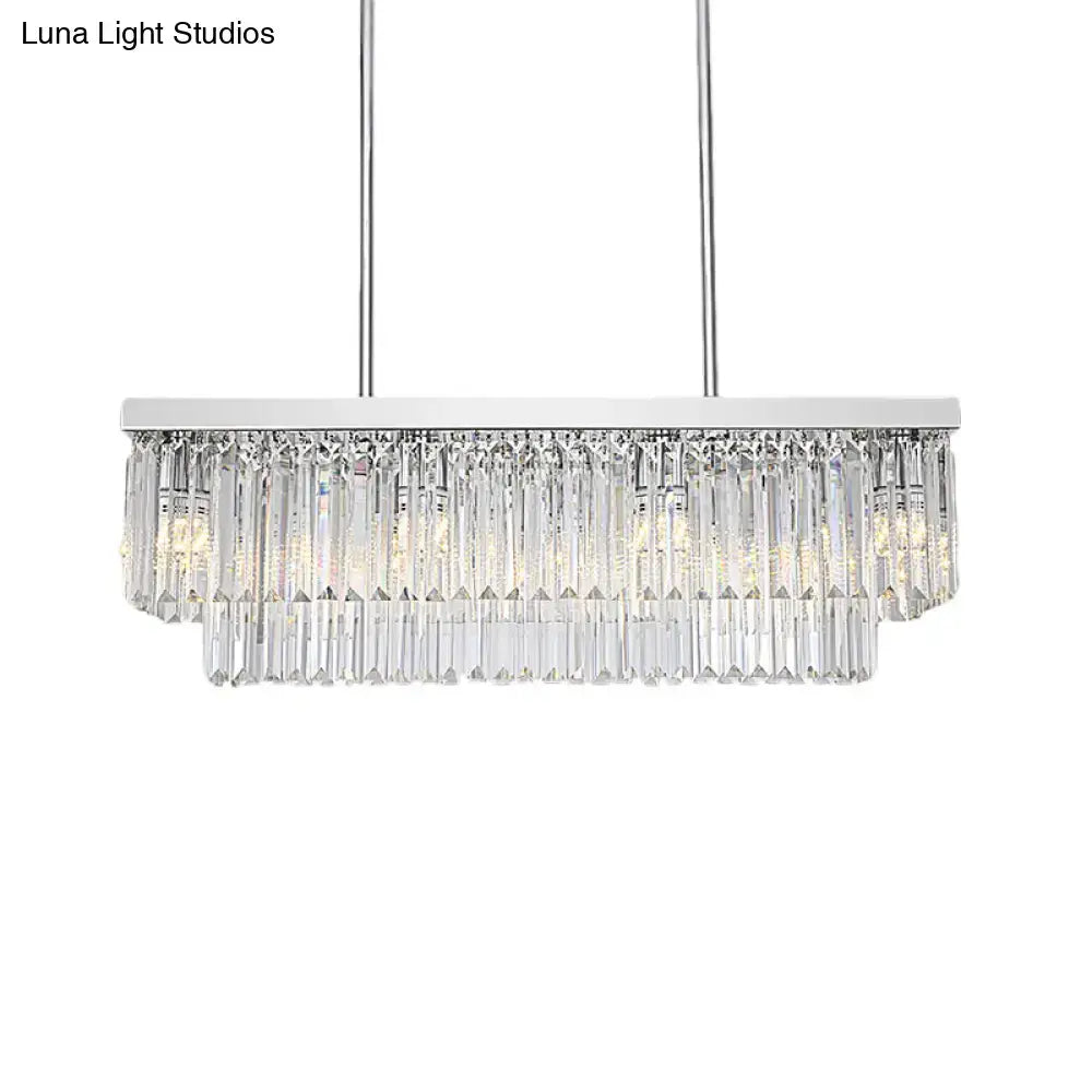 Modern chrome crystal block island light with polished frame and cascading prisms chain cord compatible with e12 e14 bulbs