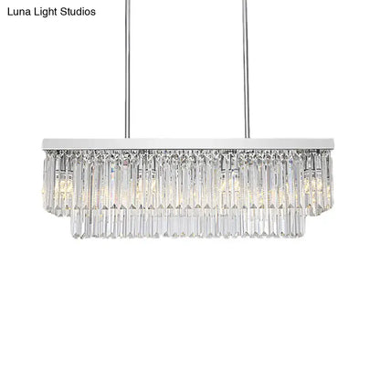 Modern chrome crystal block island light with polished frame and cascading prisms chain cord compatible with e12 e14 bulbs
