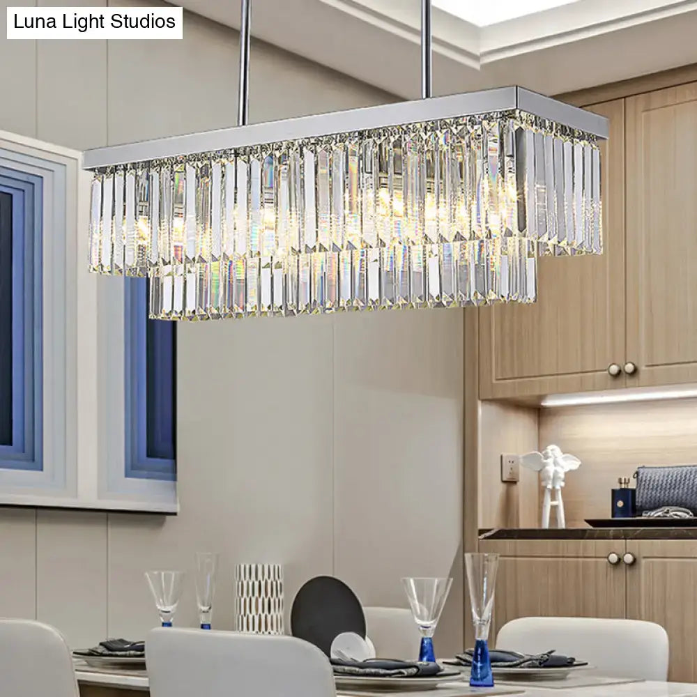 Modern chrome crystal block island light with rectangular frame and cascading clear prisms for dining room e12 e14 chain cord