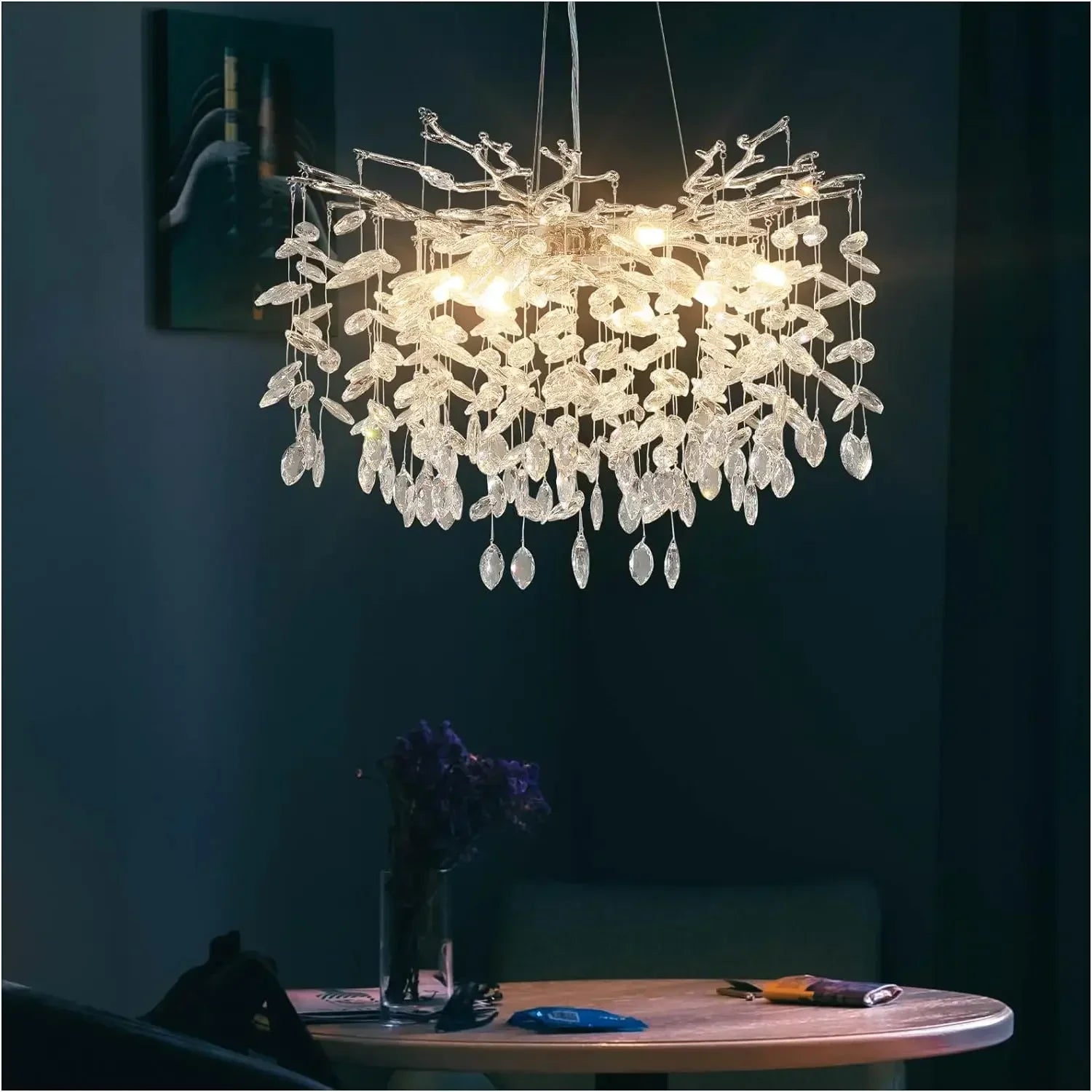 Modern chrome branch crystal chandelier with dangling leaf-shaped glass pieces for living room bedroom lighting