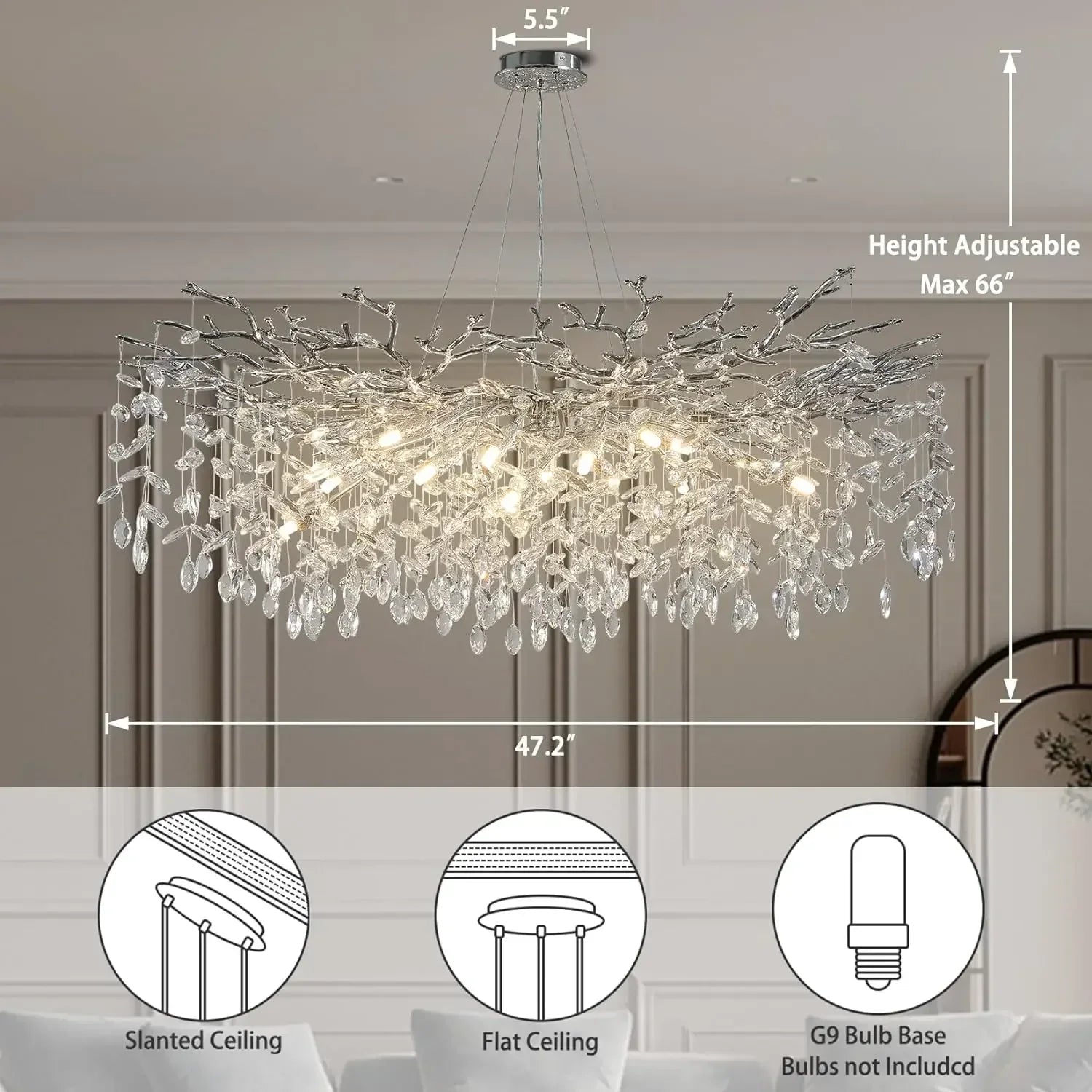 Modern chrome branch crystal chandelier with dangling crystal teardrops for living room bedroom lighting fixture