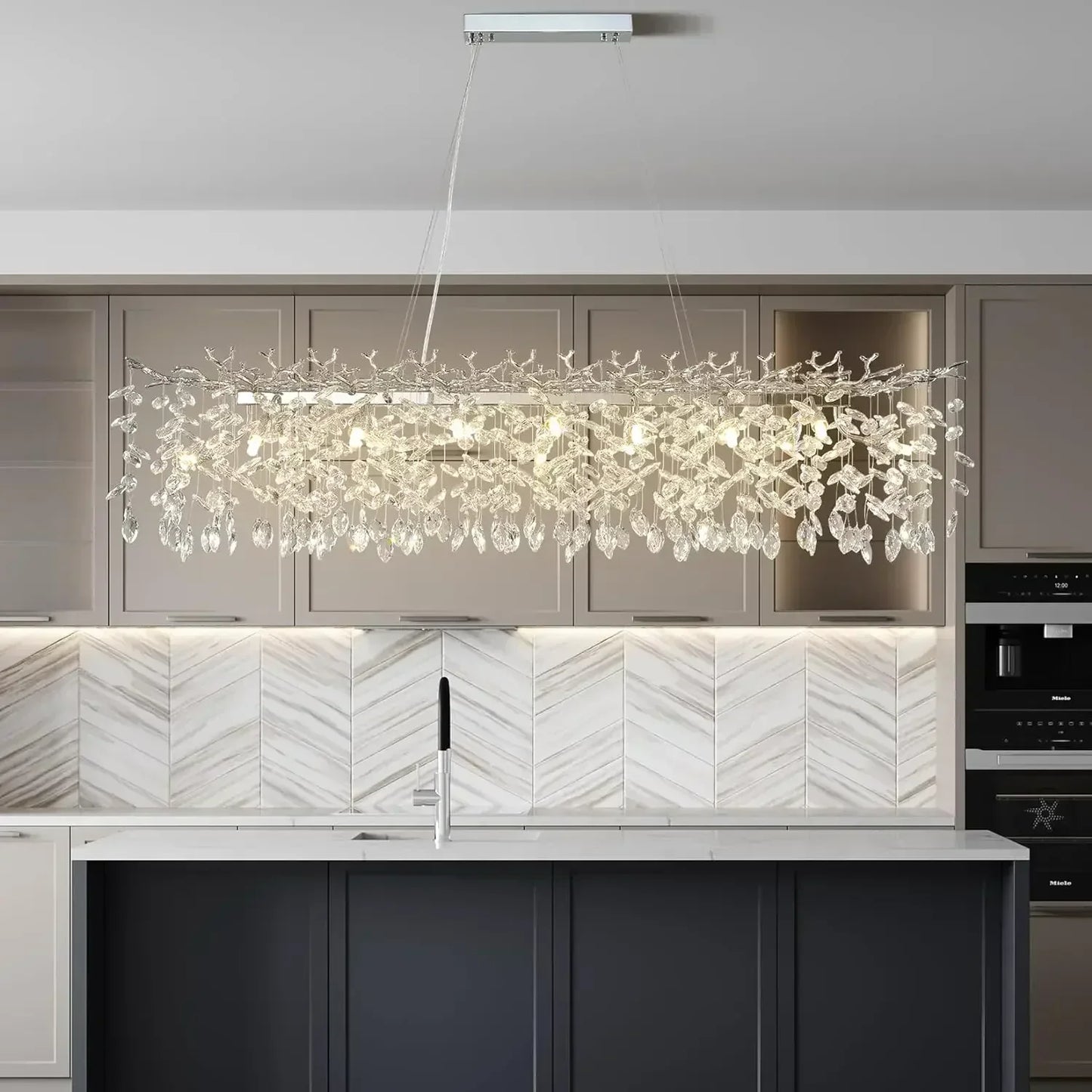 A modern chrome branch crystal chandelier with clear crystal droplets for living room bedroom ceiling fixture