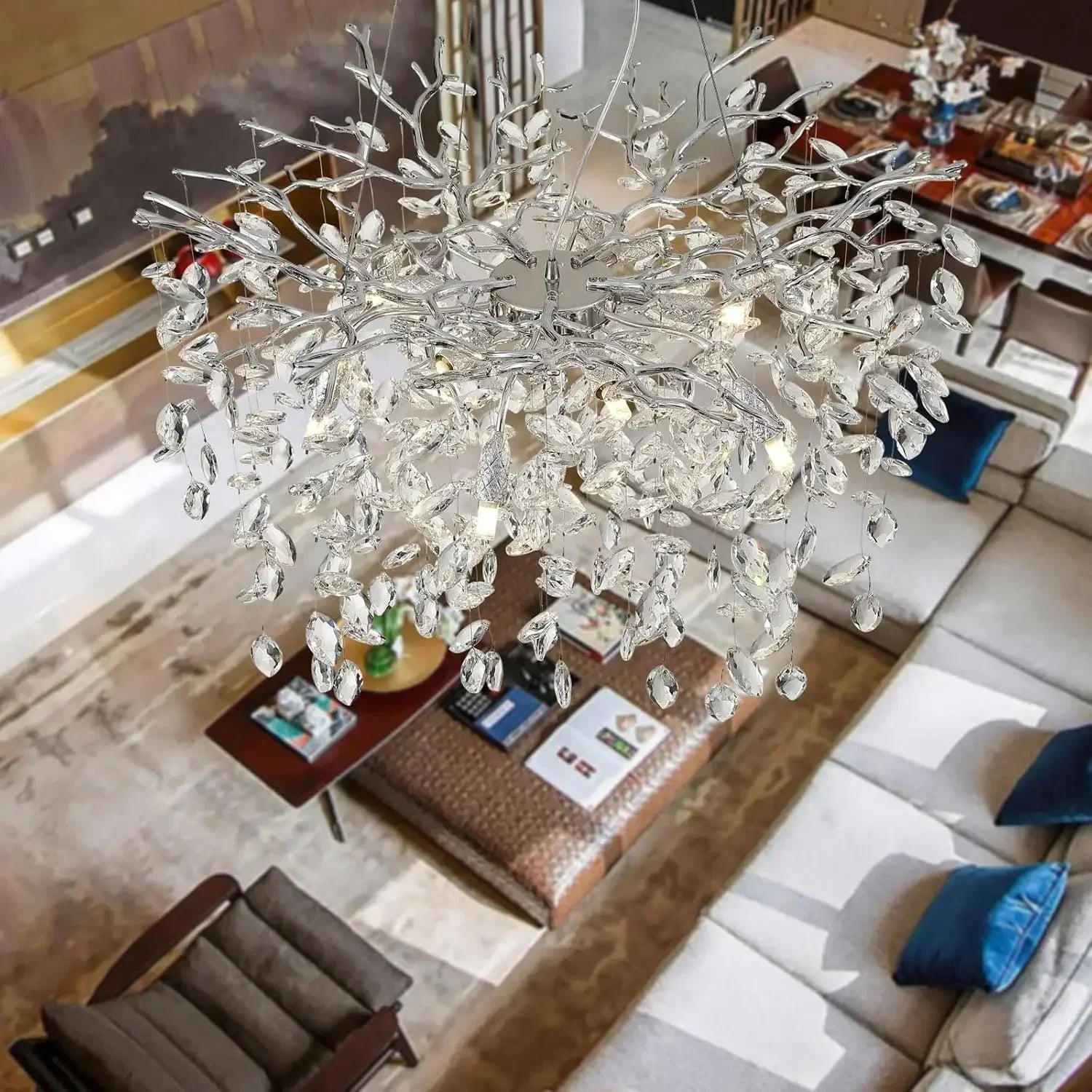 Modern chrome branch crystal chandelier with clear crystal leaves and silver stems for living room bedroom lighting