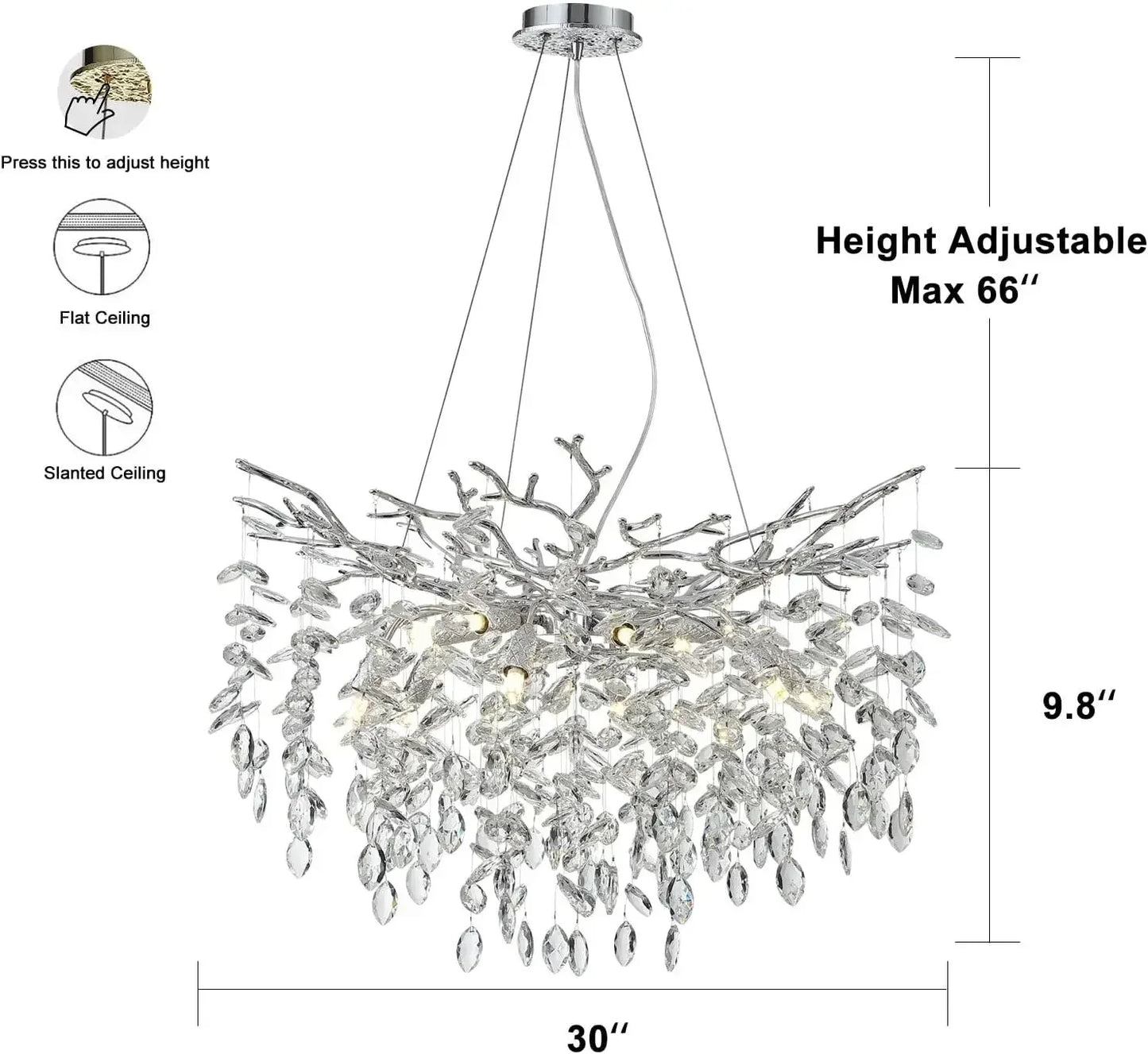 Modern chrome branch crystal chandelier with silver-toned branching design and clear crystals for living room bedroom lighting
